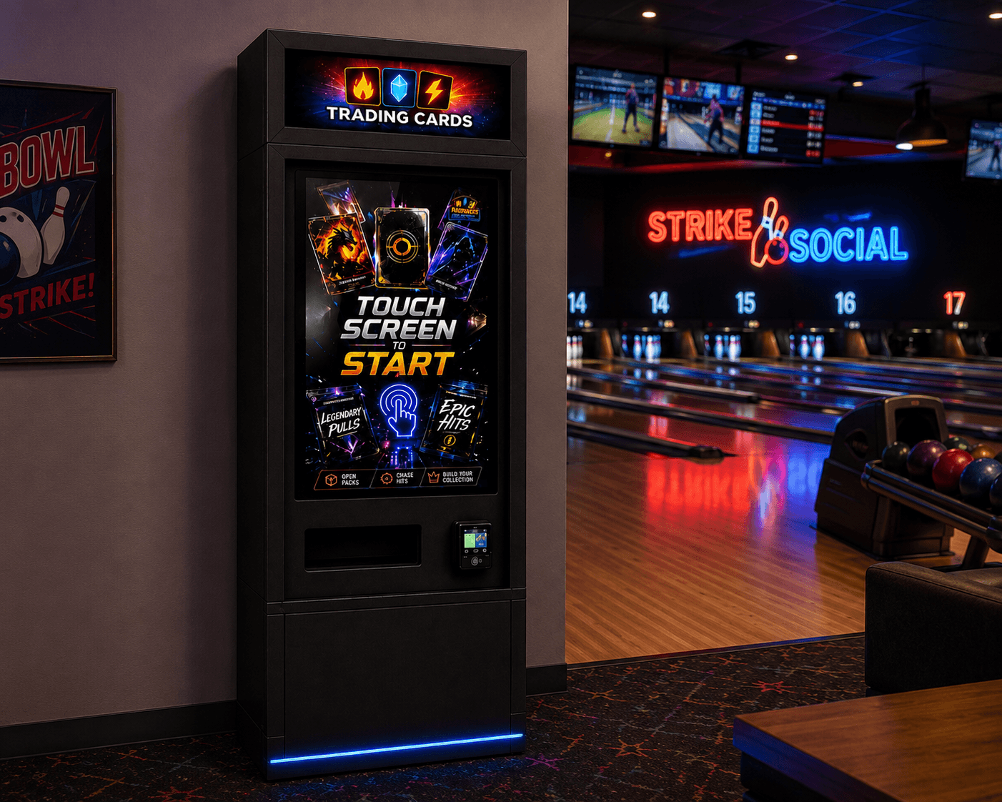 Trading card vending machine in a bowling venue