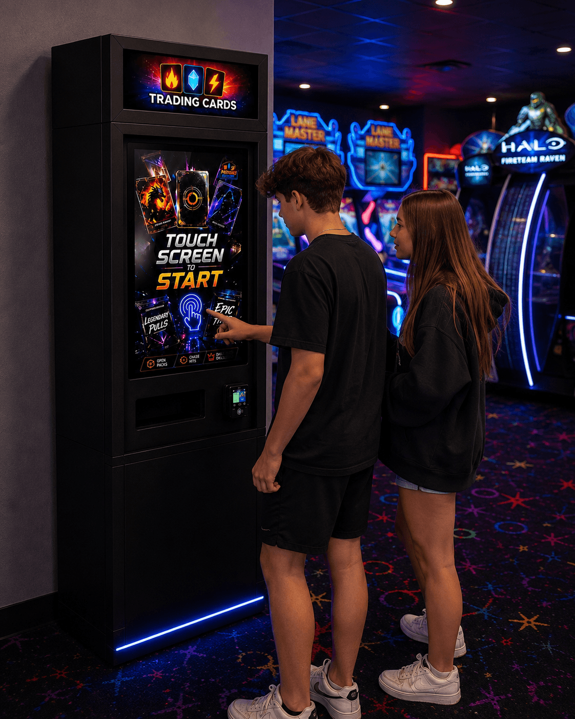 Teens using vending machine in arcade